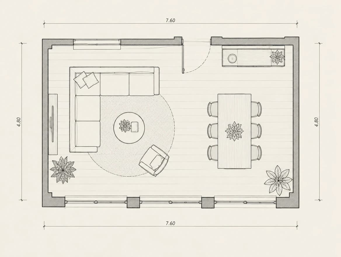 Floor plan of the living and dining room