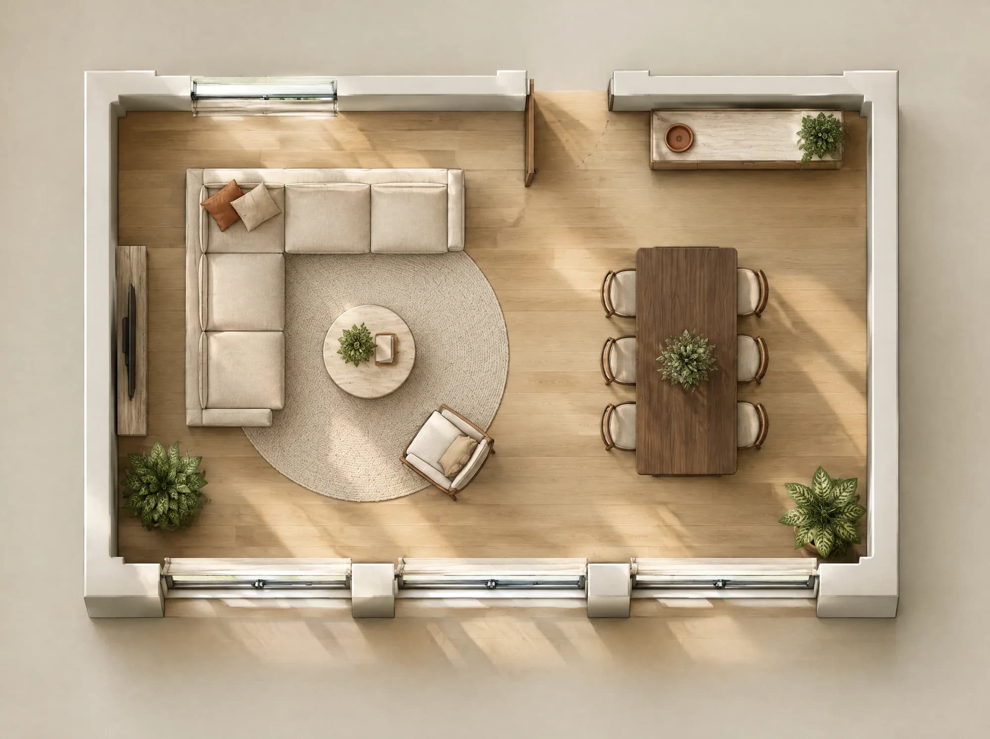 Top-down render of the living and dining room