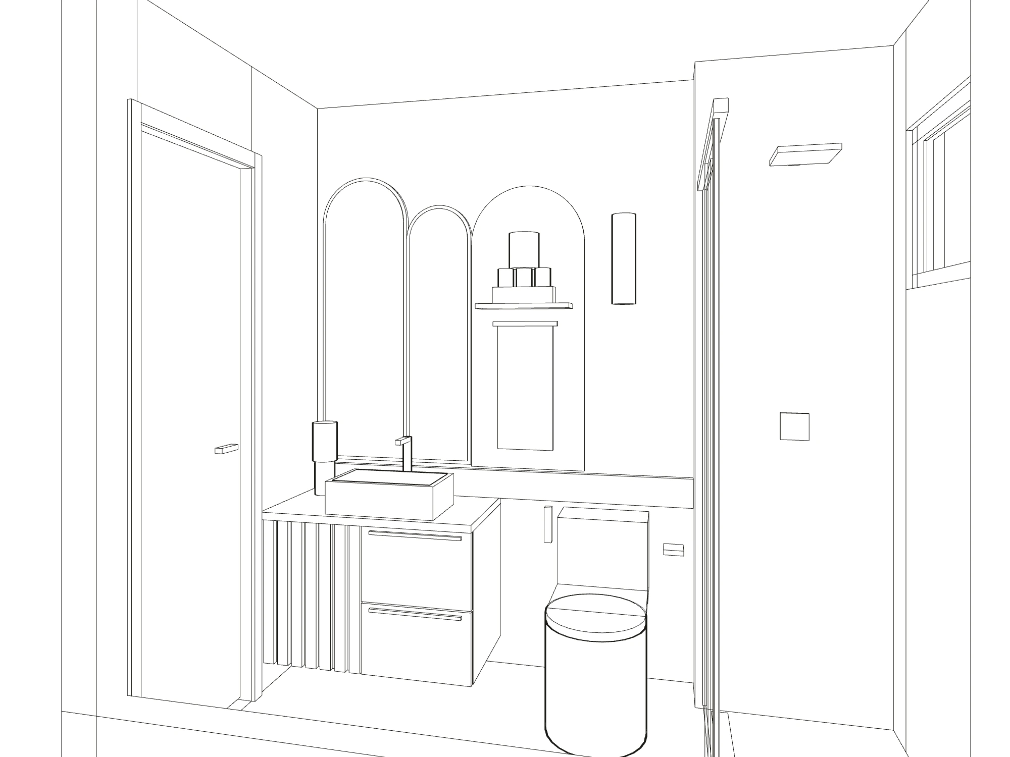Line perspective of the bathroom, seen from the shower side