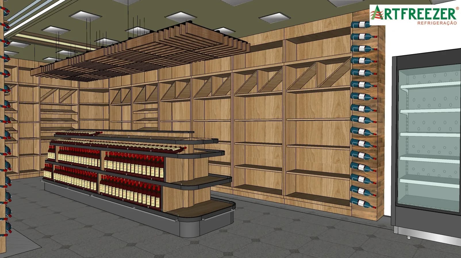 Wine corner with a suspended slatted pergola, bottle niches on the walls and a wine island in the middle.