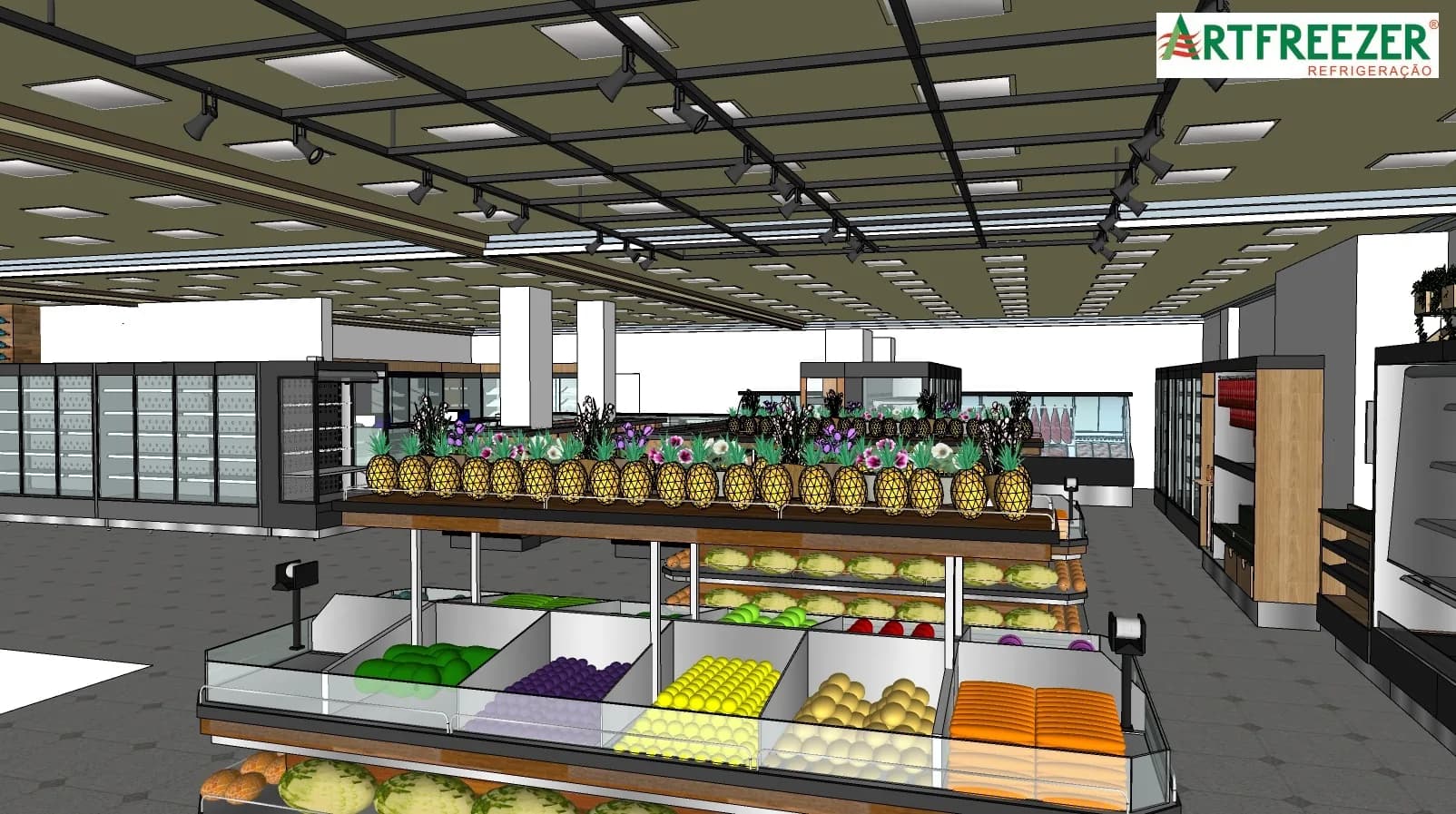 Render of the produce area with a fruit island and cases at the back