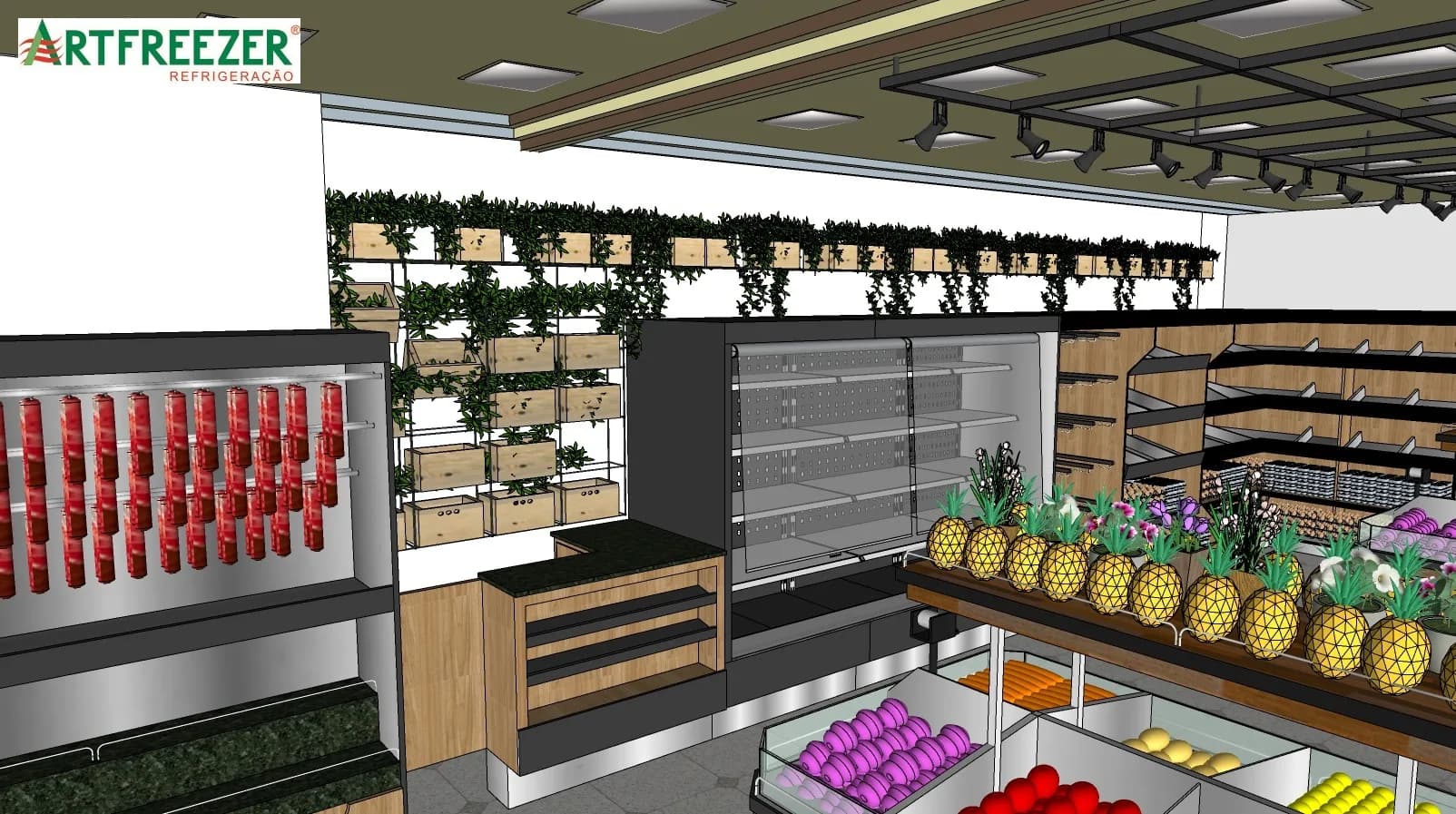 Fruit island in front of the wall rack, under the hanging garden of wooden crates.
