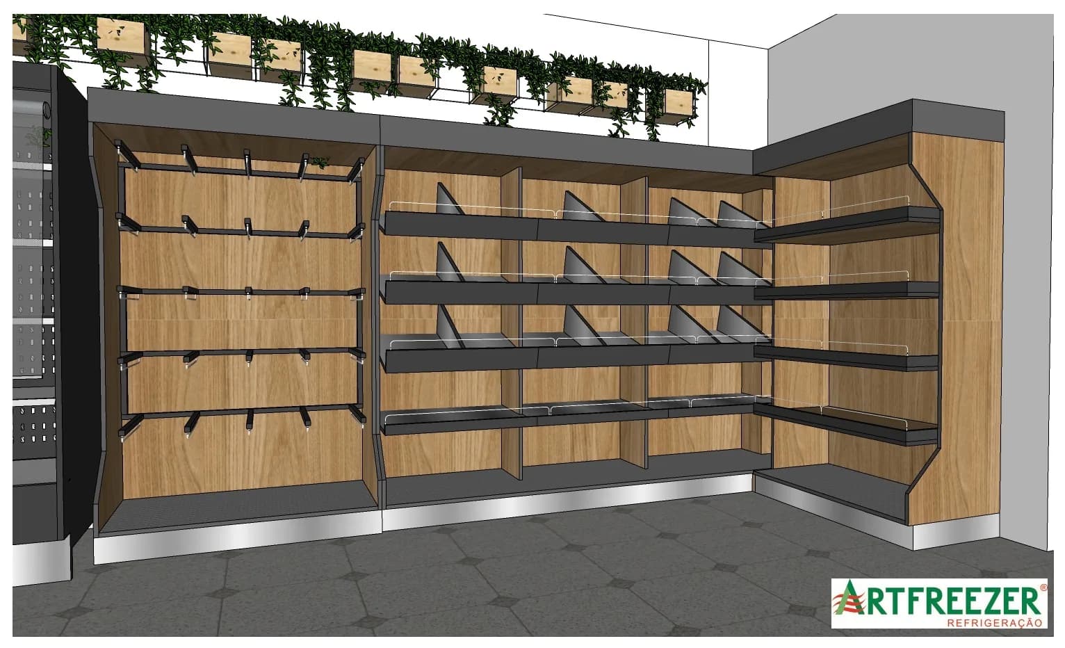 Wood-effect MDF wall fruit rack, with sloping shelves and hooks for banana bunches.