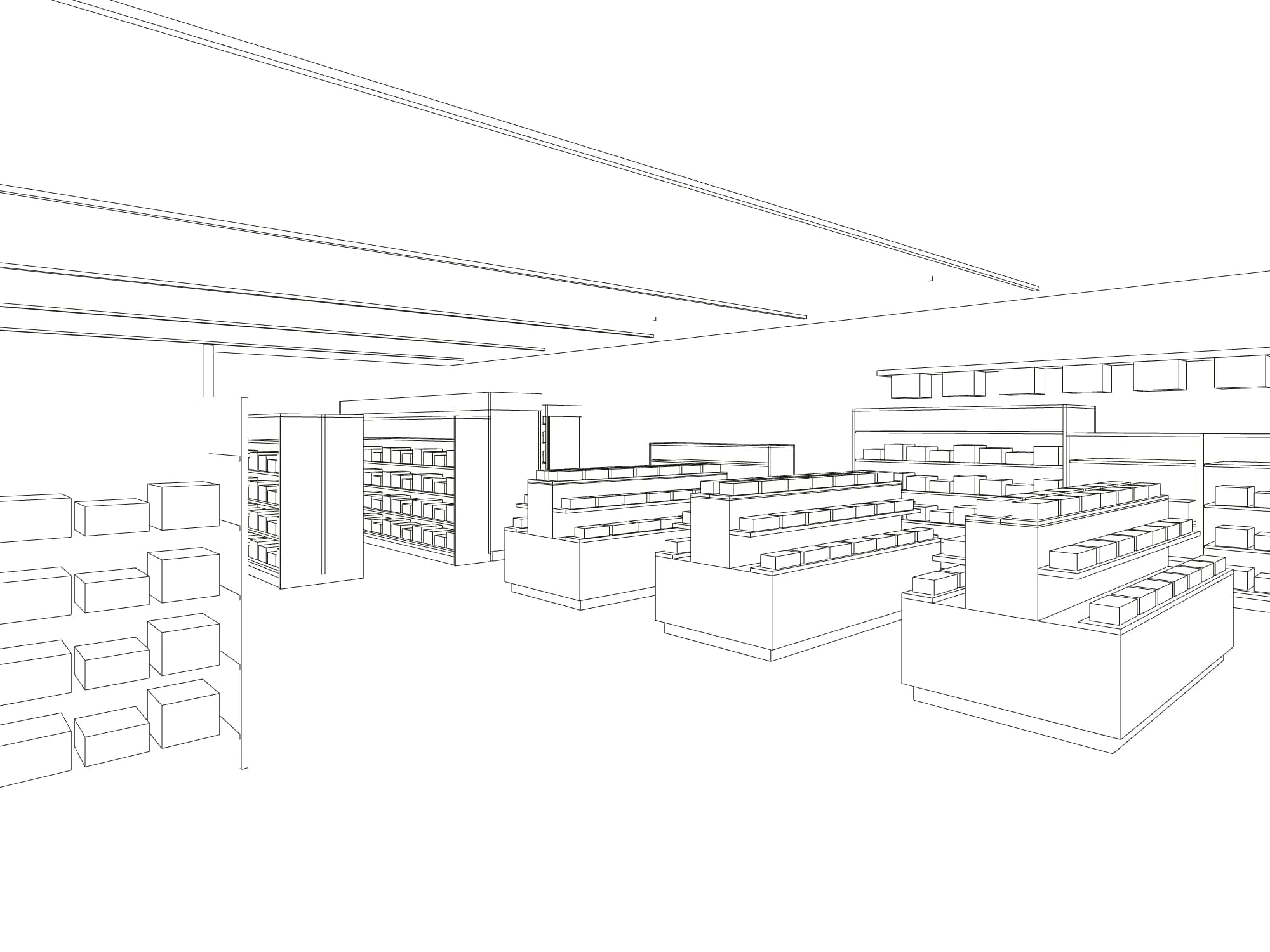 Line perspective of the produce area, with the islands and the wall fruit rack