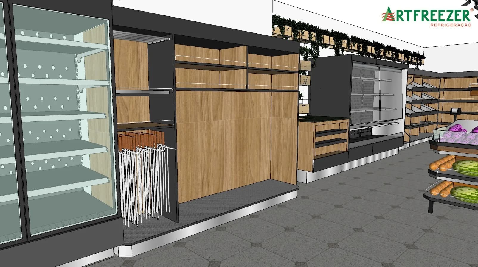 Cured goods and charcoal corner between the upright case and the wall fruit rack.