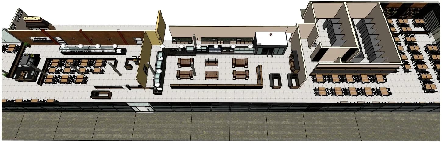 Aerial perspective of the restaurant, from the snack bar to the food court