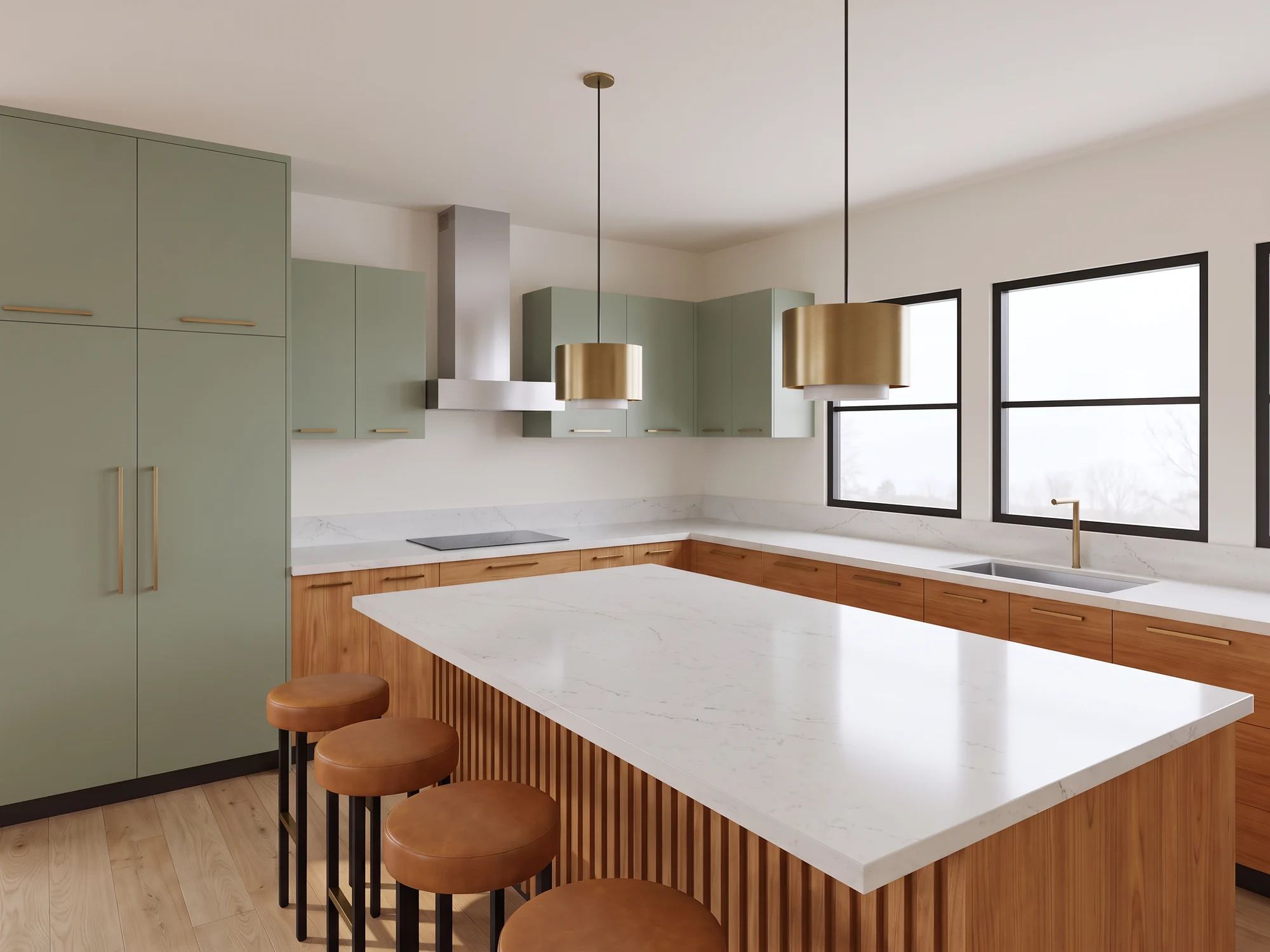 Rendered perspective of the kitchen, seen from the door