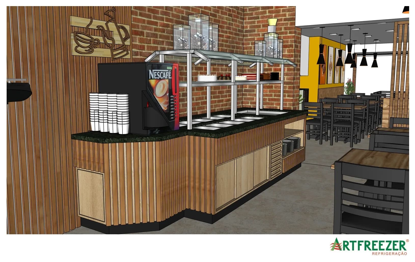 Slat-clad hot and cold buffet, with the coffee machine at the end and the exposed brick behind.