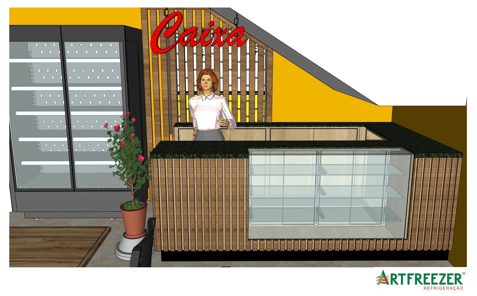 Slatted checkout with a display case and granite top, beside the two-door drinks cooler.