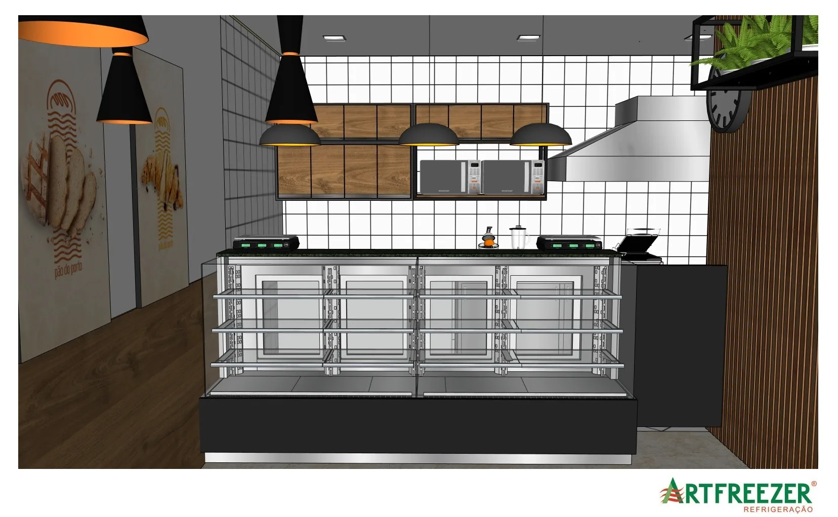 Refrigerated pastry case in front of the kitchen, with MDF wall cabinets and a stainless steel hood.