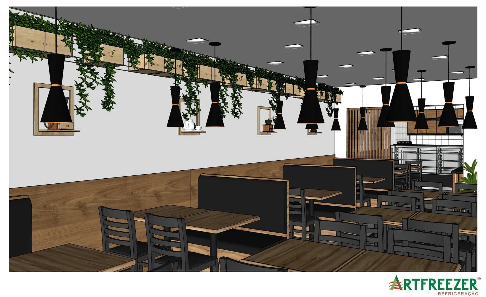 Render of the dining room with black pendants and hanging plants