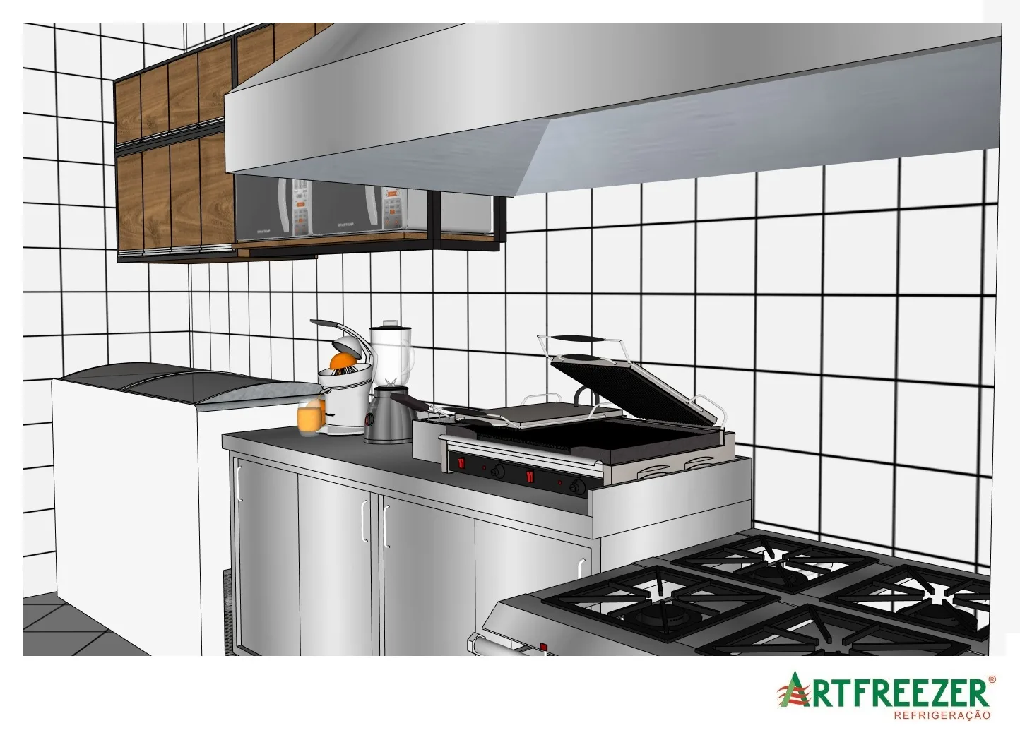 Stainless steel kitchen with an industrial range, griddle and hood, lined with white tiles.