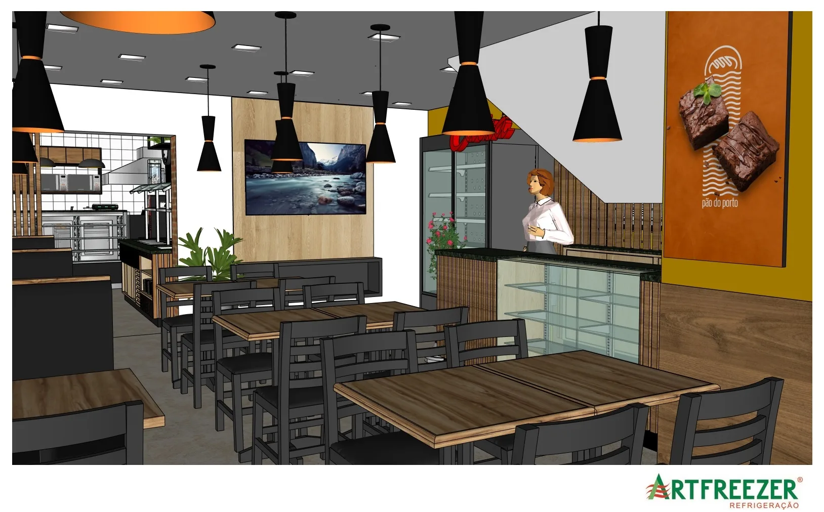 Dining room with wooden tables and black chairs, a TV panel and the checkout at the back.