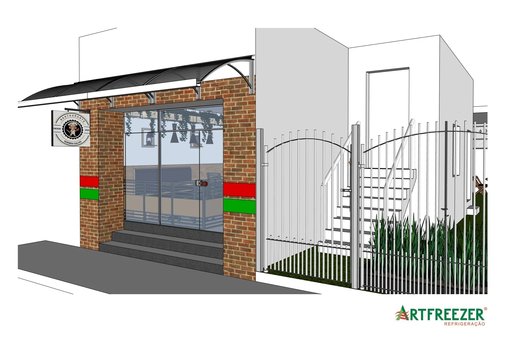 The front seen from the side, with the gate and stairs of the side entrance.