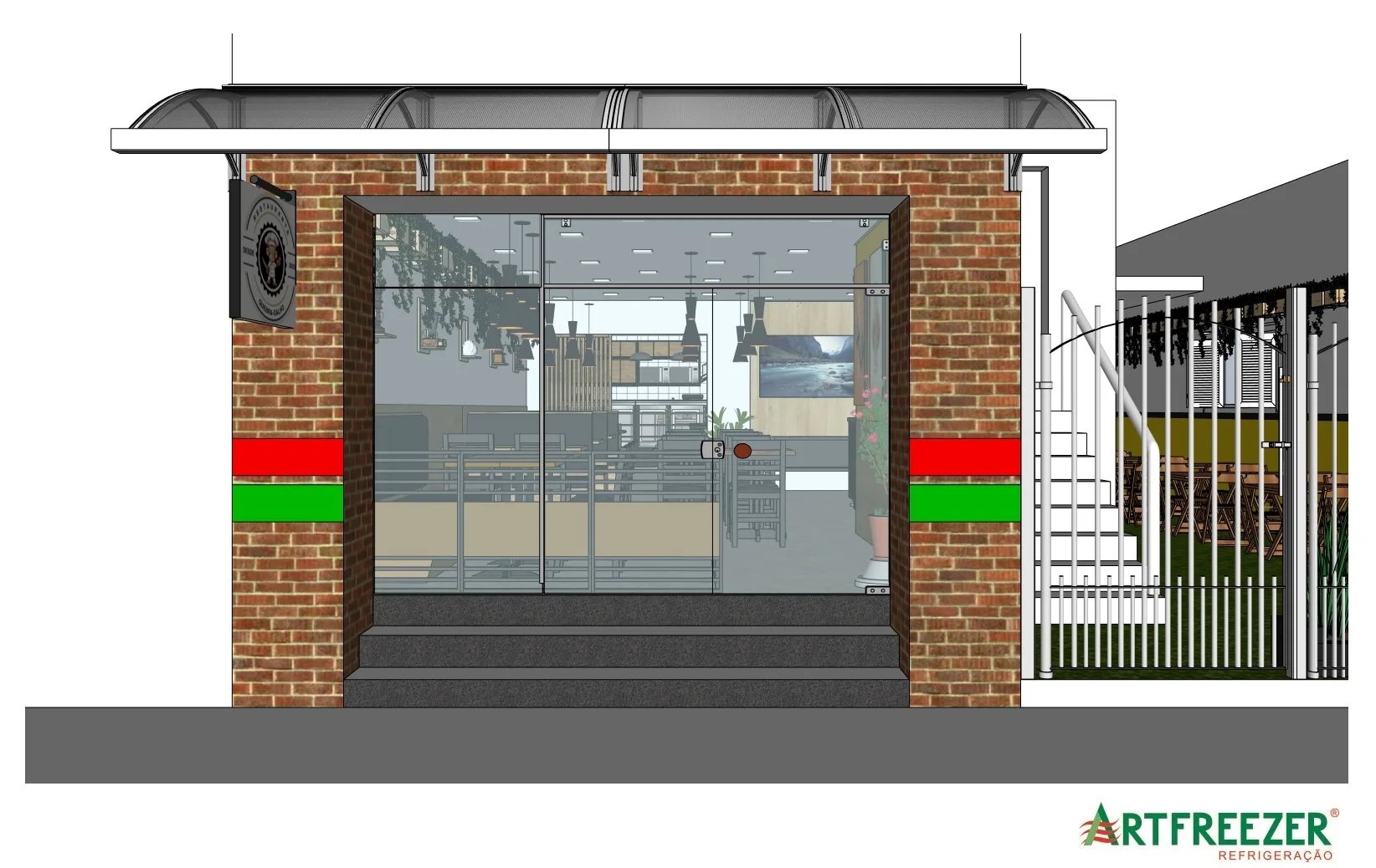 Exposed brick front with a curved canopy and a glass door.