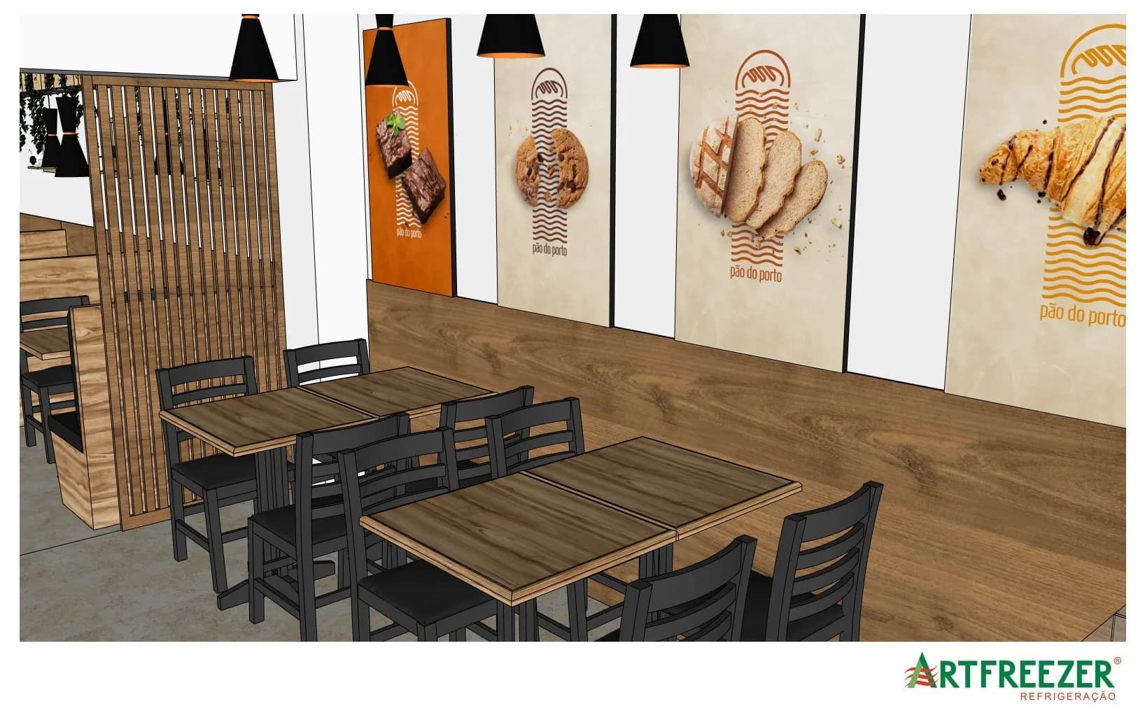 Tables along the wall, with the brand posters and the slatted divider between the spaces.
