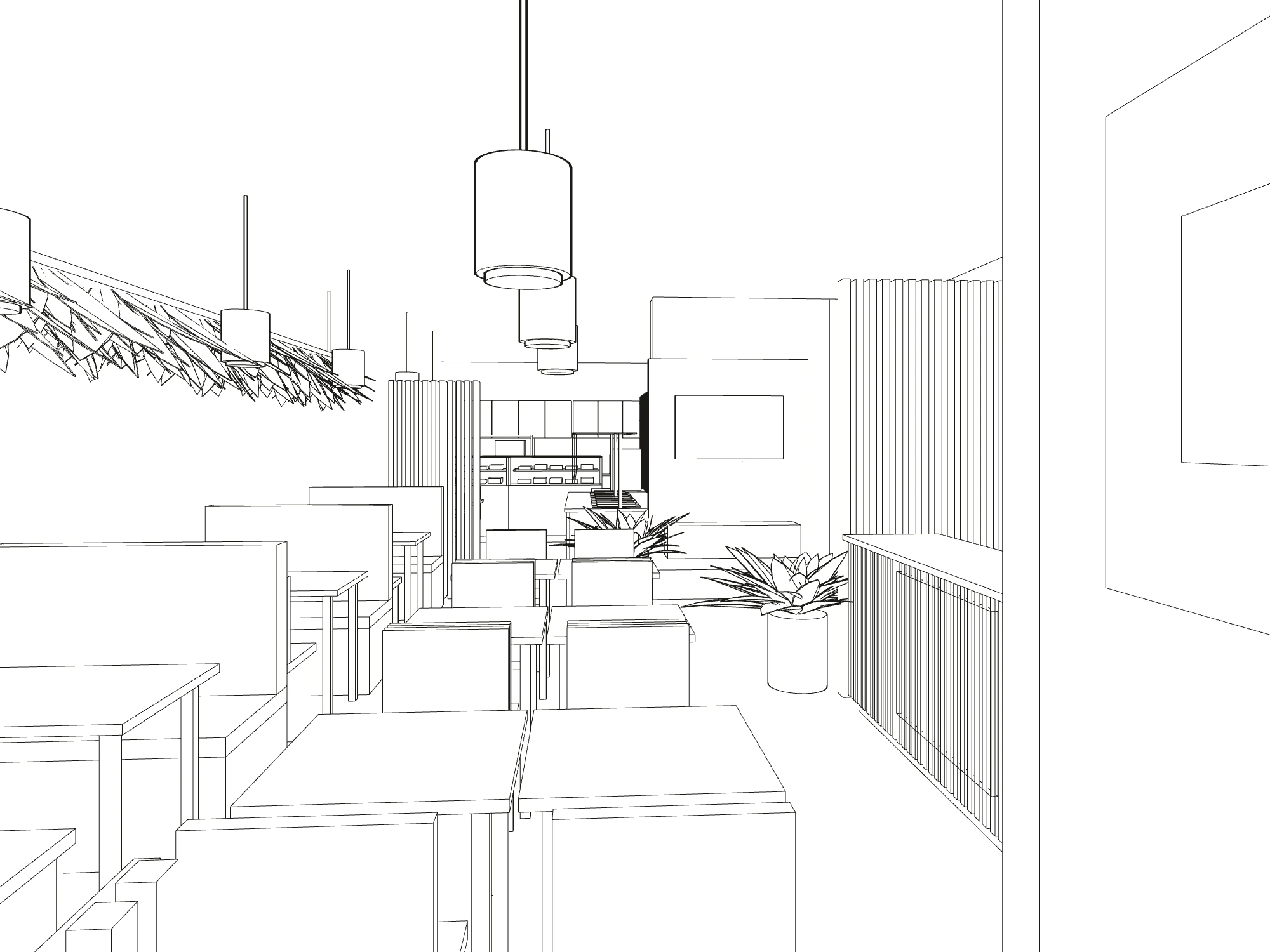 Line perspective of the dining room, seen from the entrance
